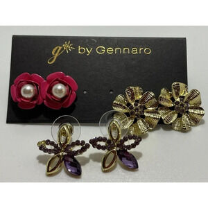 Set Of 3 G By Gennaro Gold Tone Pink Rose Purple Rhinestone Stud Earrings Floral